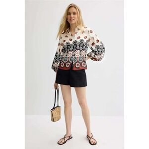 Tanya Taylor Geometric Floral Tile Print Balloon Sleeve Button Down Blouse M